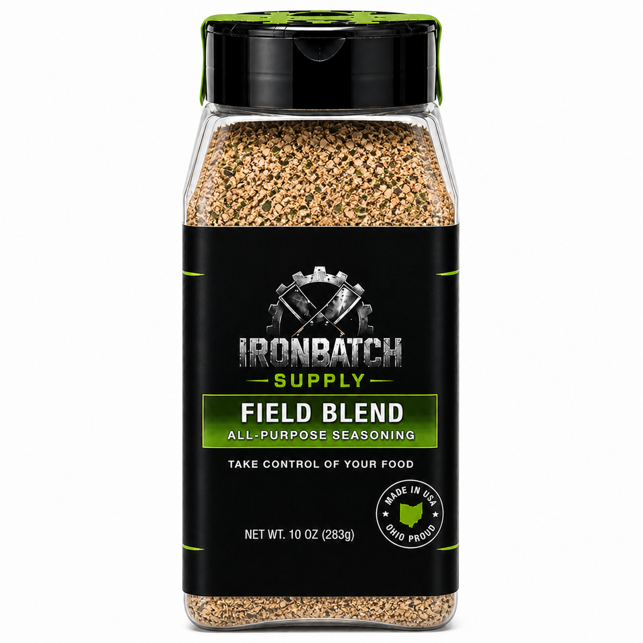 Jar of IronBatch Supply Field Blend seasoning on a white background