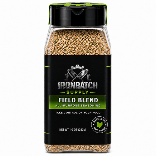 Jar of IronBatch Supply Field Blend seasoning on a white background
