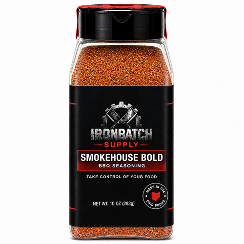 Jar of Ironbatch Supply Smokehouse Bold BBQ seasoning on a white background